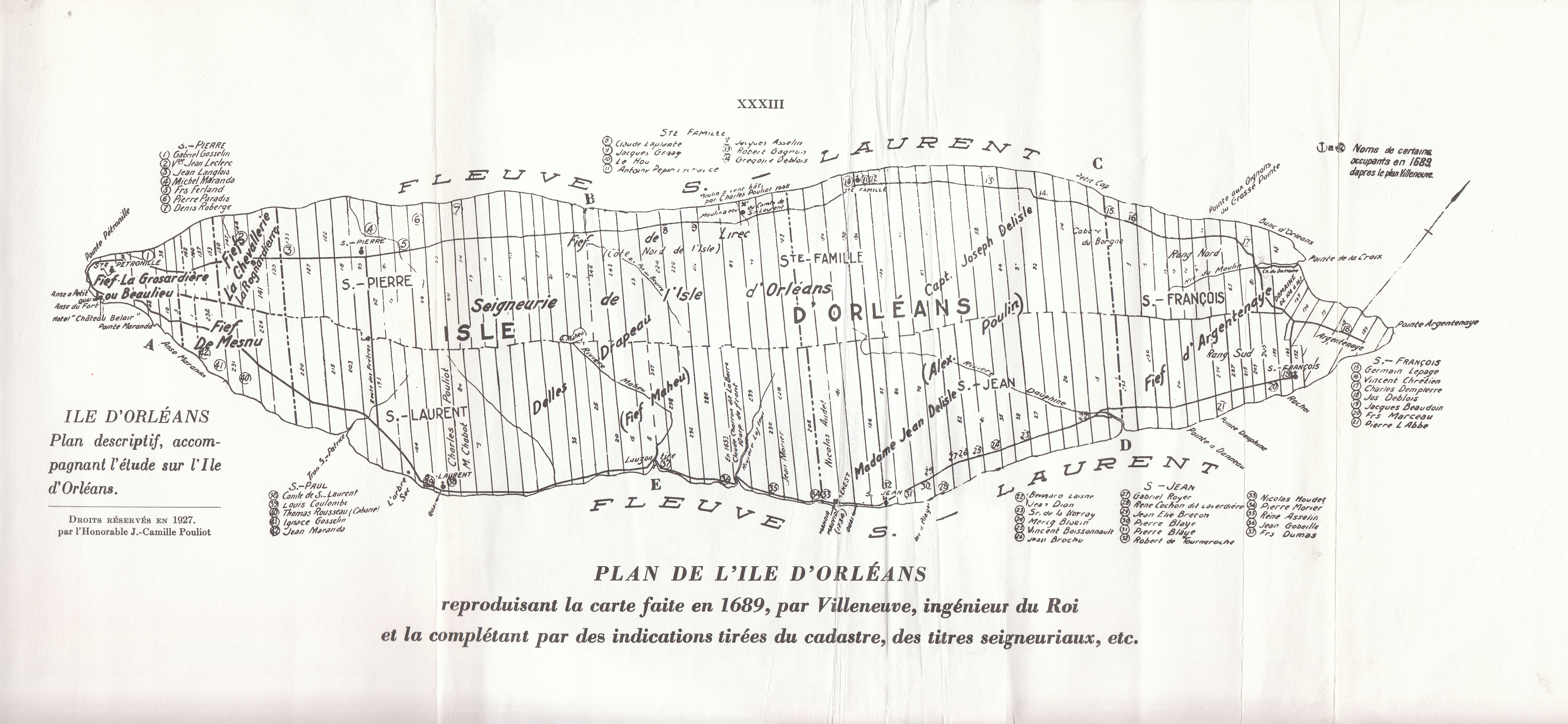 Carte de l'ile d'Orleans levee en 1689 par Robert de Villeneuve, montrant les paroisses et les terres concedees, dont Saint-Laurent